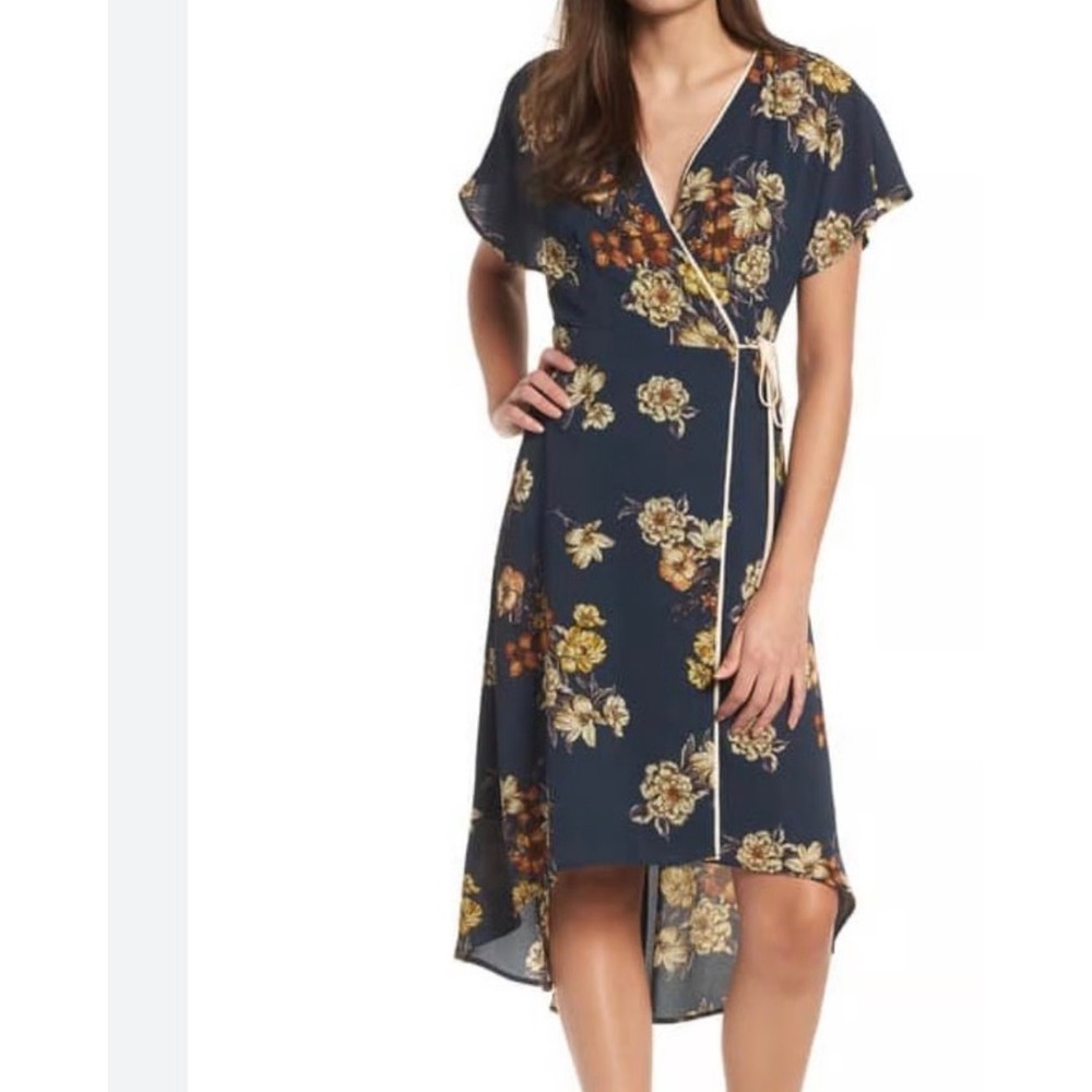 Lush Navy Floral Wrap Dress High Low‎ Hem V-Neck Flutter Sleeve Midi Boho